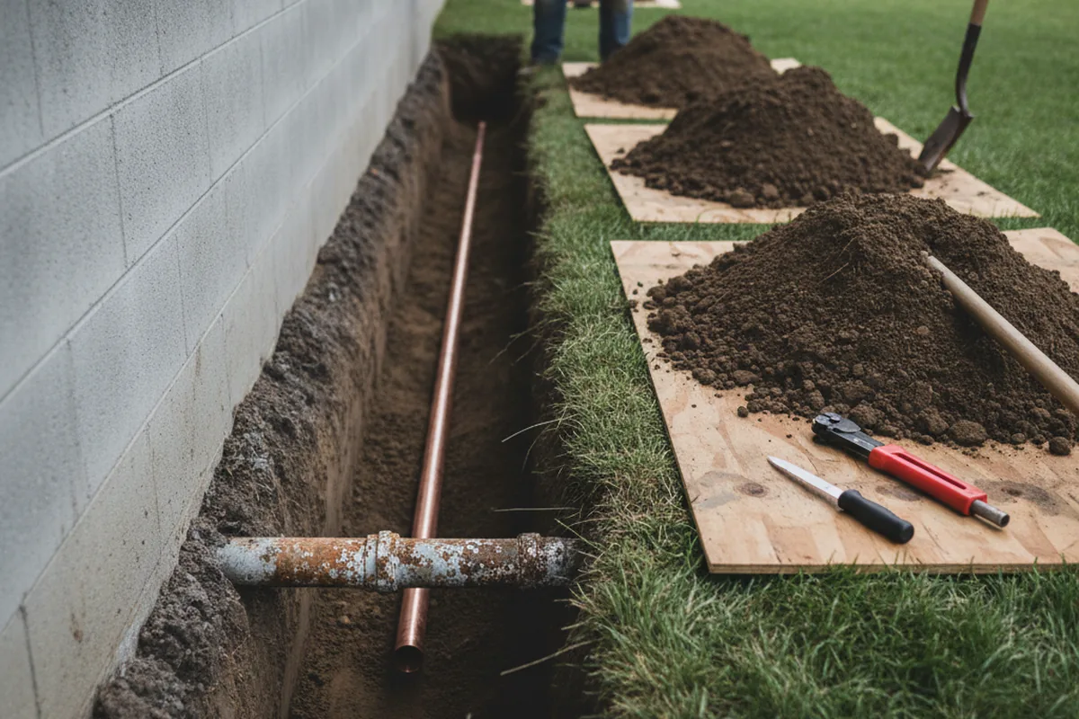 Excavated water line trench during Sewer Line Repair in Nuevo